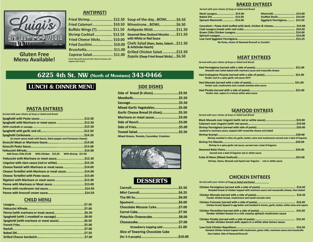 Menu Luigi's Restaurant & Pizzeria Albuquerque